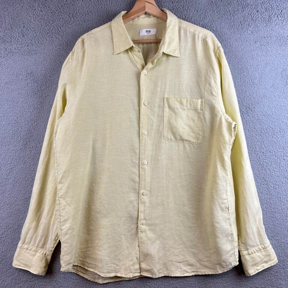 Uniqlo Premium Linen Shirt Mens XL Pale Yellow Long Sleeve Button Up